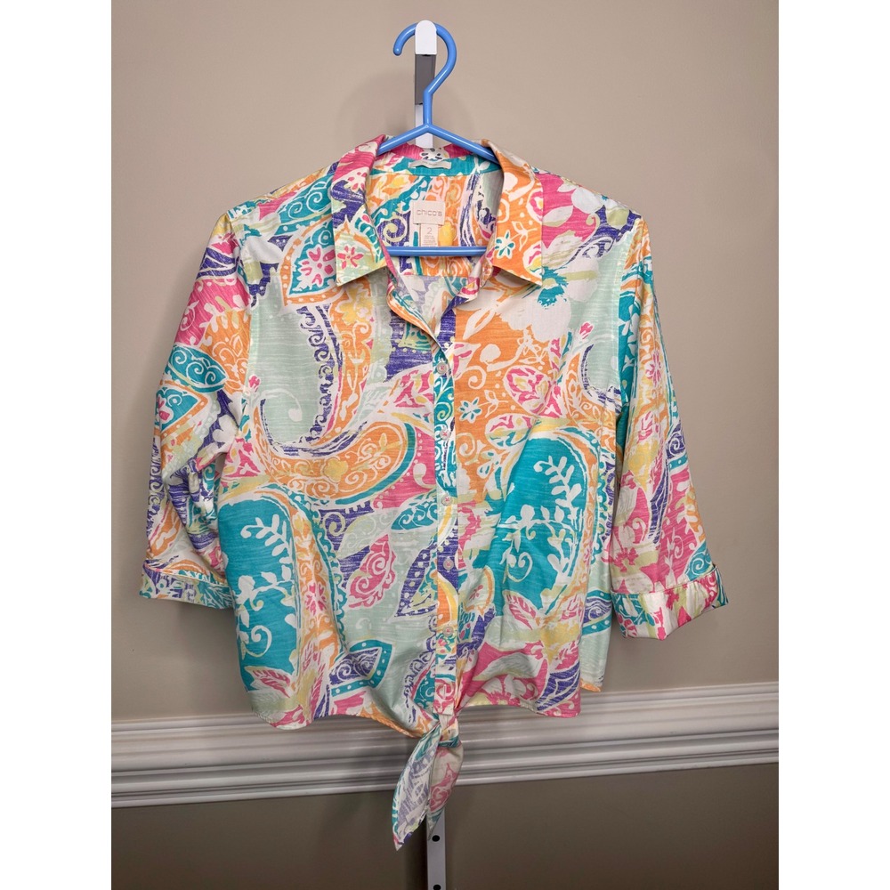 New Chico's No Iron Tie Front Shirt Size 12 L Colorful‎ Paisley Print 3/4 Sleeve
